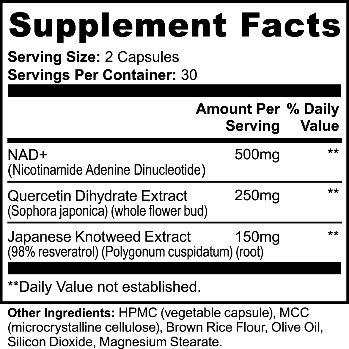 NAD+ Supplement Facts label