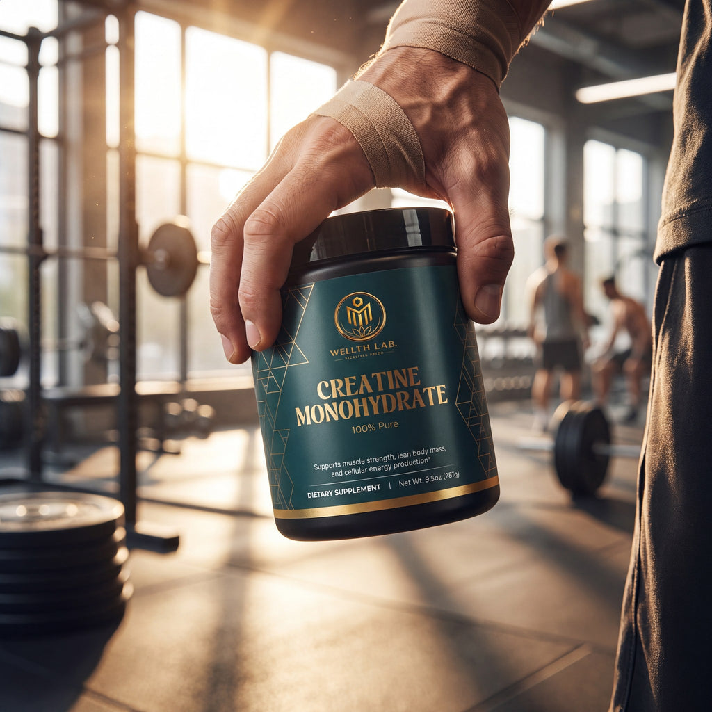 Wellthlab Creatine Monohydrate held in hand