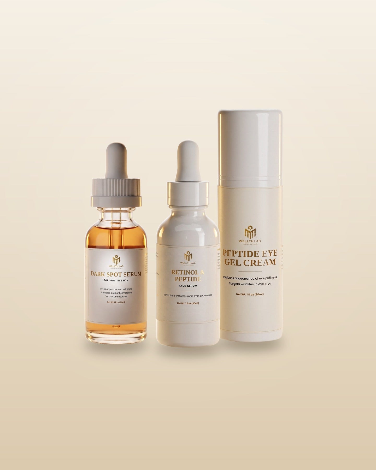 Wellthlab Glow Stack — official Dark Spot Serum, Retinol & Peptide Face Serum and Peptide Eye Gel-Cream bottles