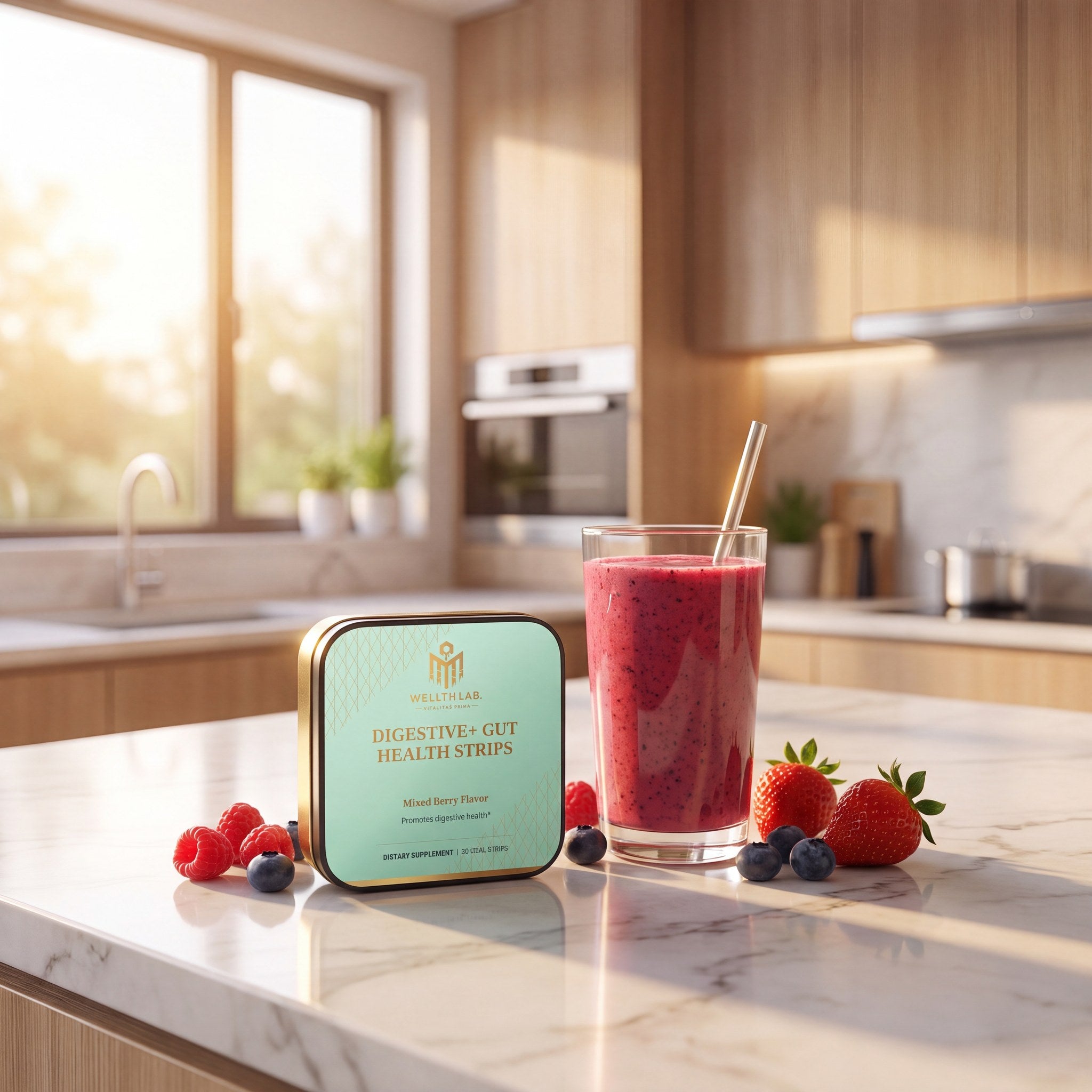 Wellthlab Gut Health Strips kitchen lifestyle
