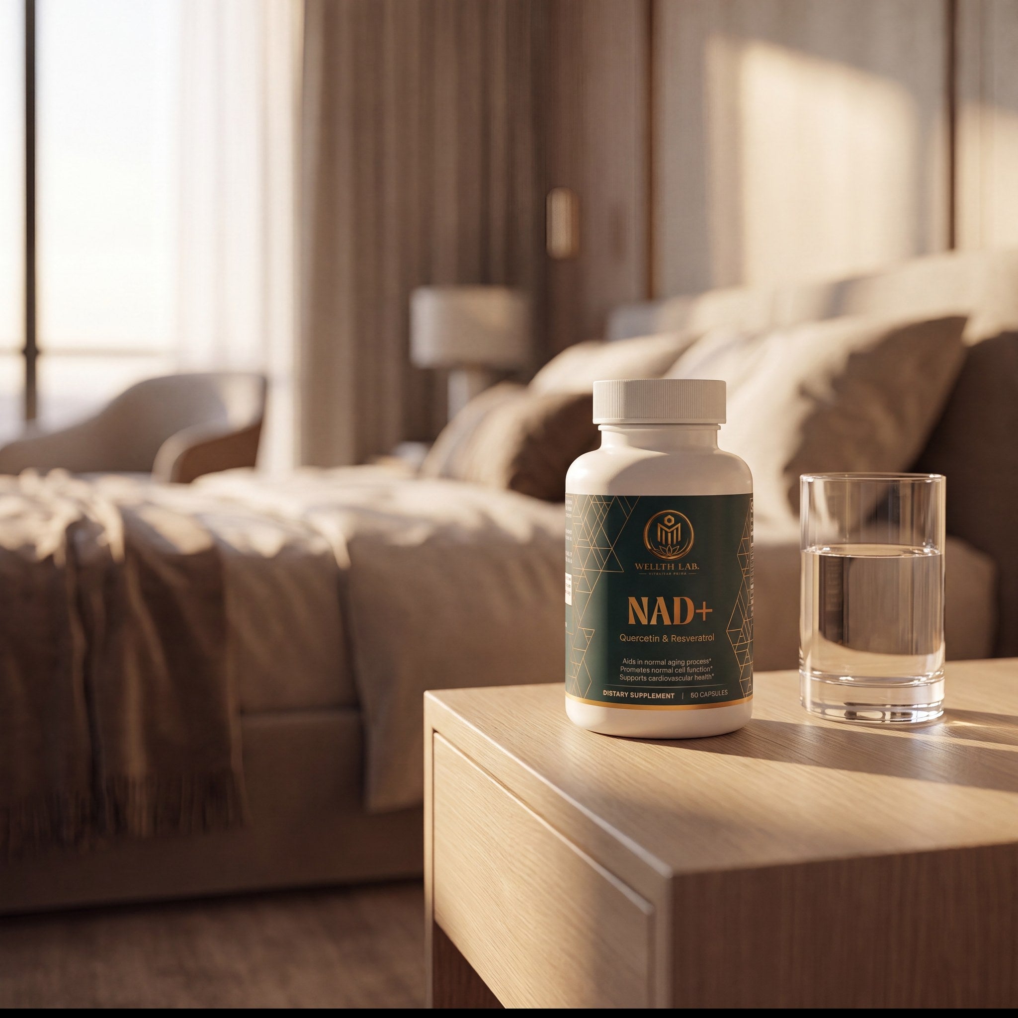 Wellthlab NAD+ bottle on bedside table