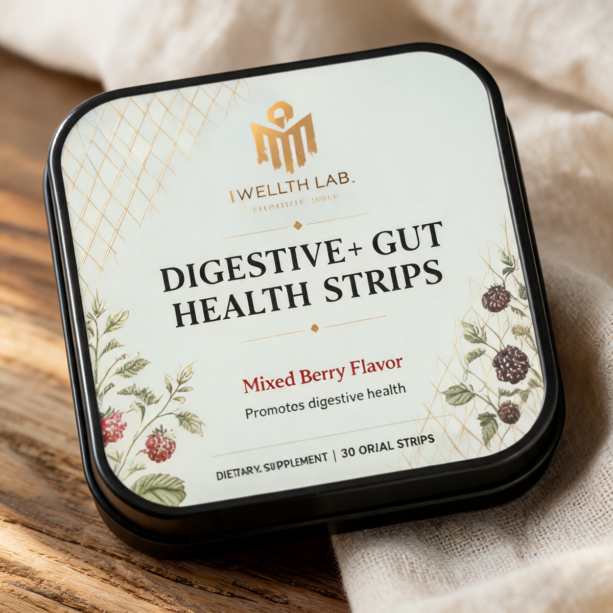 Wellth Lab Digestive + Gut Health Strips tin detail