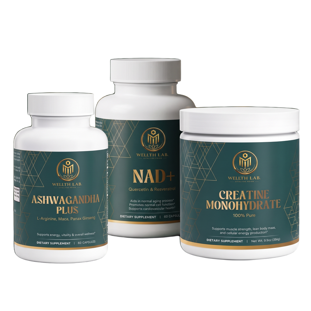 Wellthlab Foundation Stack — NAD+, Ashwagandha Plus and Creatine, clean cutout, no background
