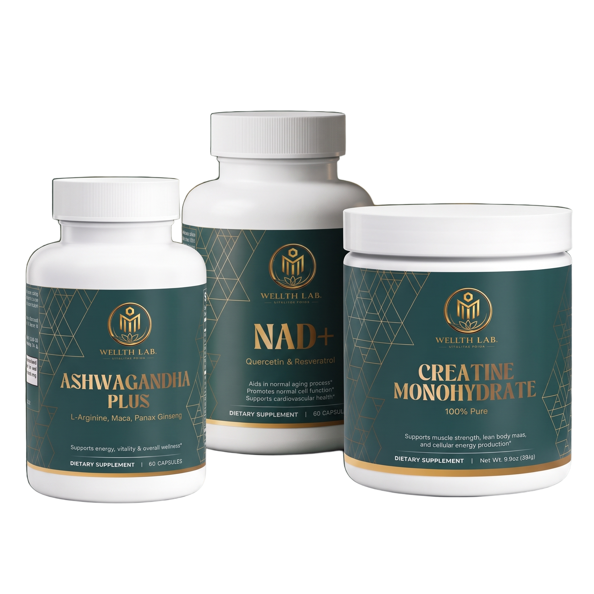 Wellthlab Foundation Stack — NAD+, Ashwagandha Plus and Creatine, clean cutout, no background