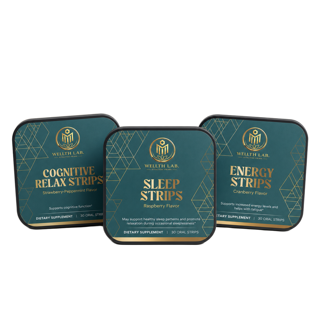 Wellthlab Energy, Sleep & Cognition Strips Bundle — three tins, clean cutout, no background