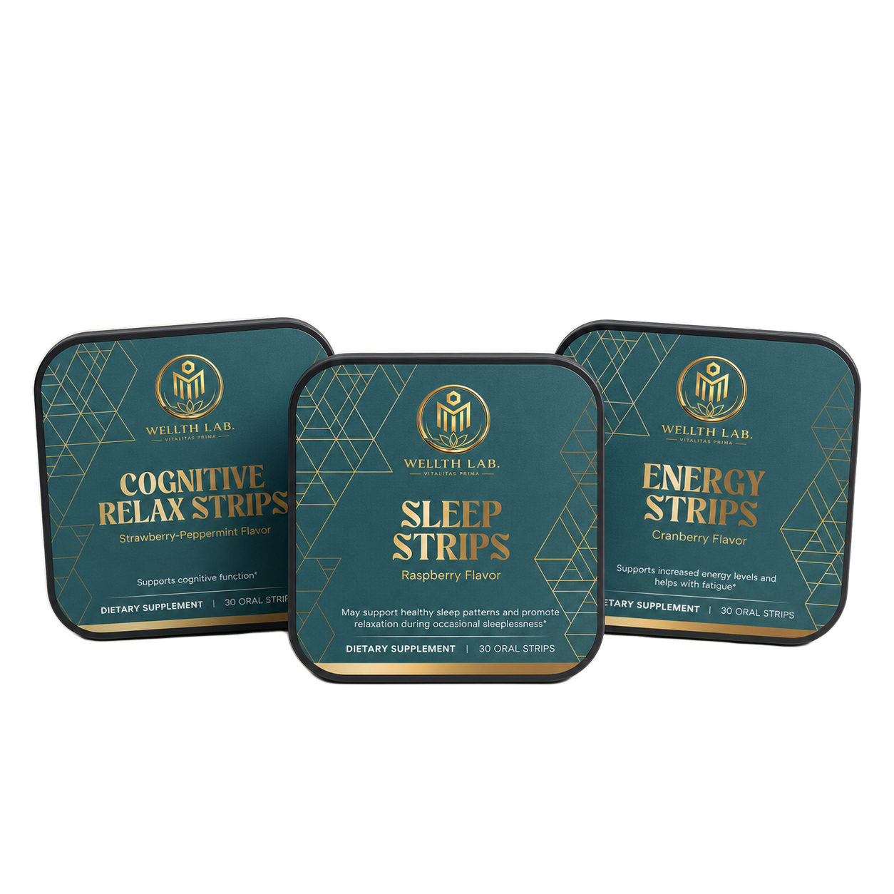 Wellthlab Energy, Sleep & Cognition Strips Bundle — three tins, clean cutout, no background