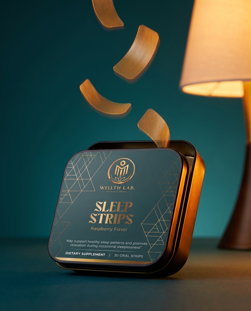 Wellthlab Sleep Strips campaign shot with strips drifting down over the open tin at dusk