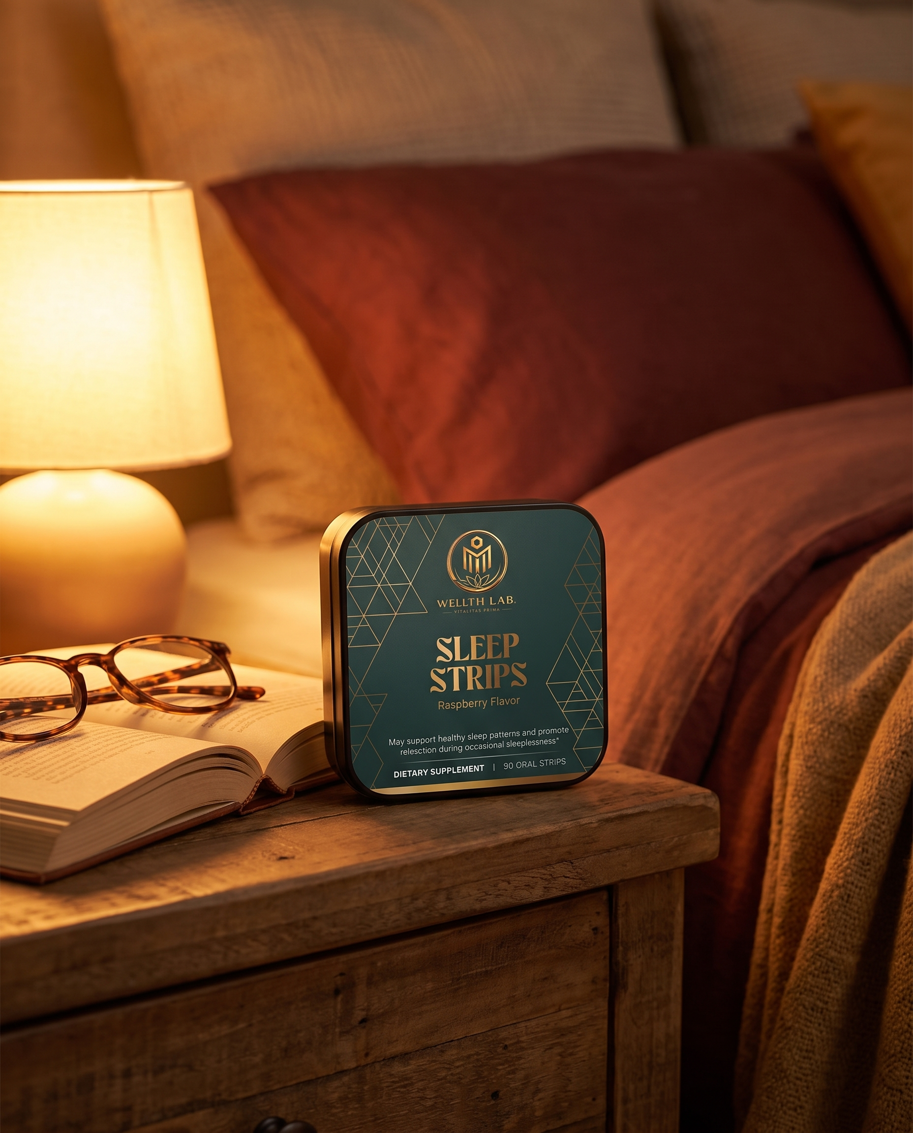 Wellthlab Sleep Strips tin on a wooden nightstand with book, glasses and warm lamp