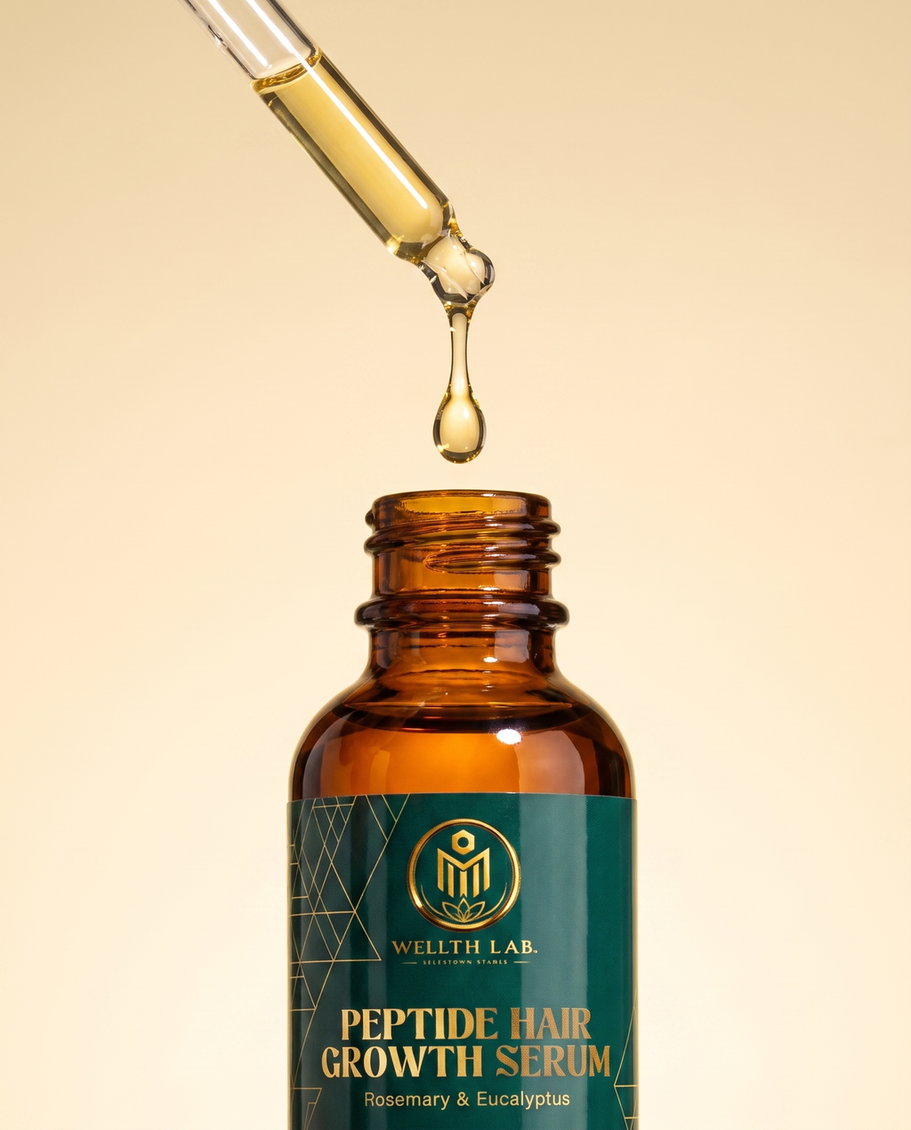 Wellthlab Peptide Hair Serum dropper releasing a golden droplet on warm ivory