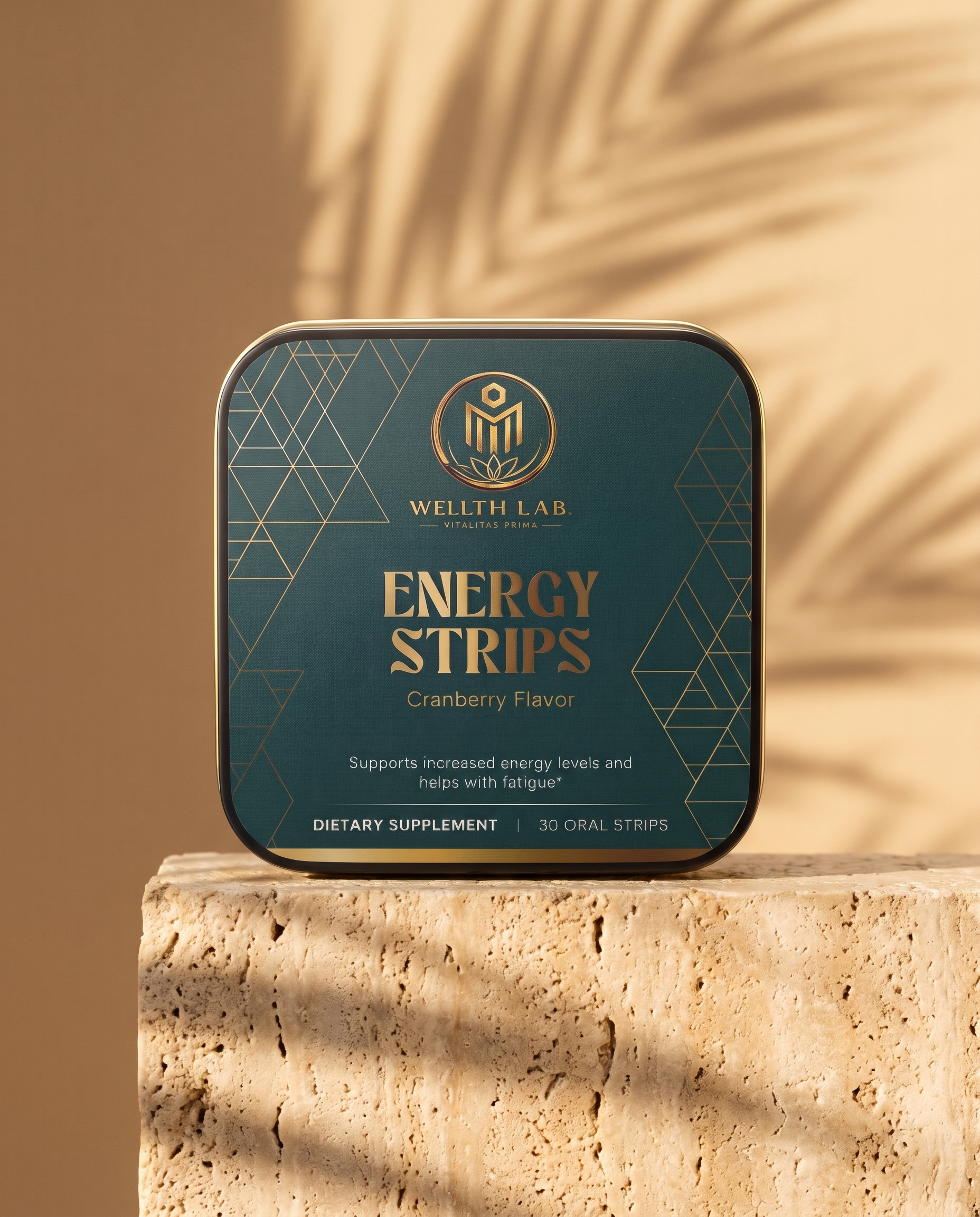 Energy Strips tin on travertine stone, palm shadow