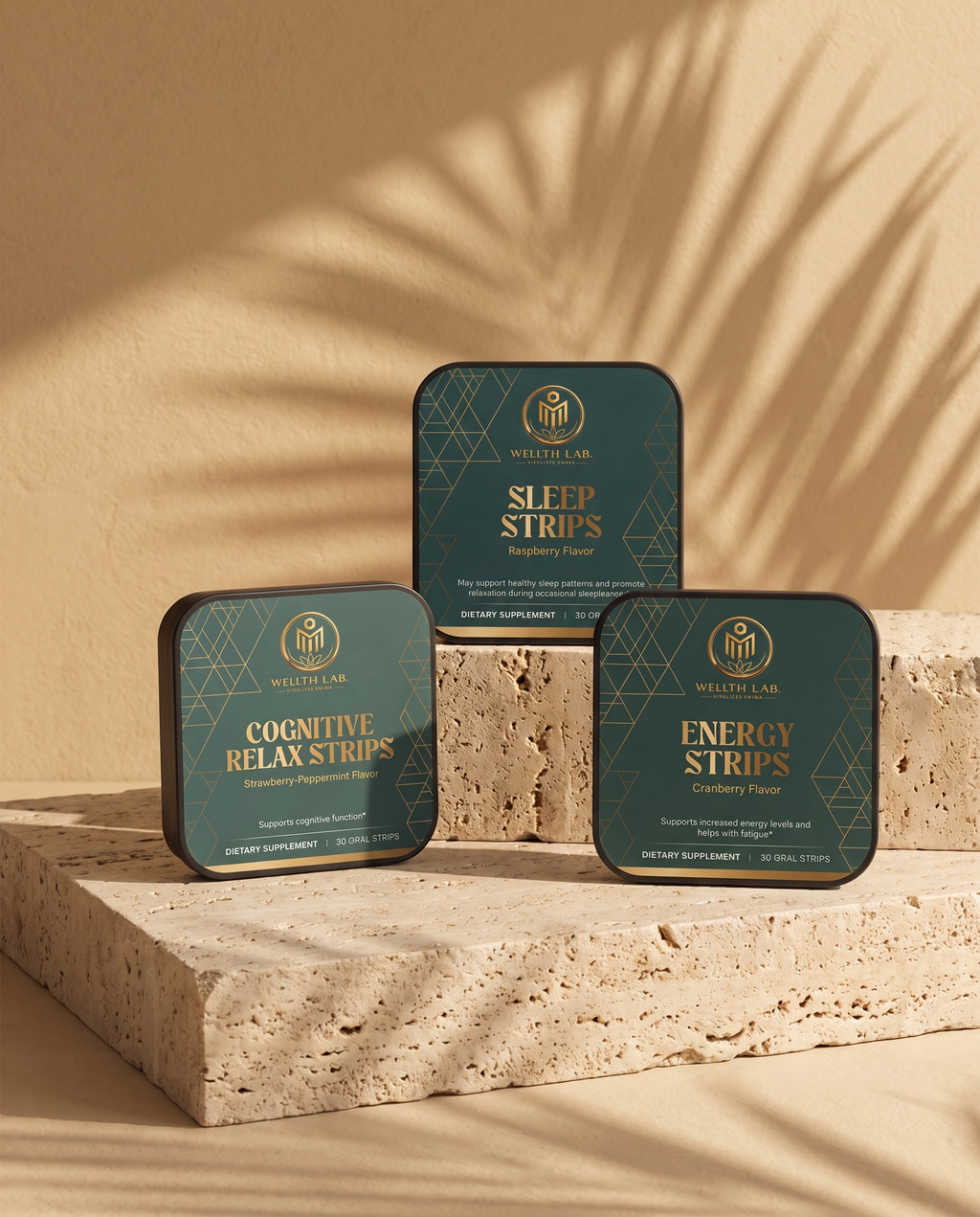 Strips Trio Bundle tins on travertine stone