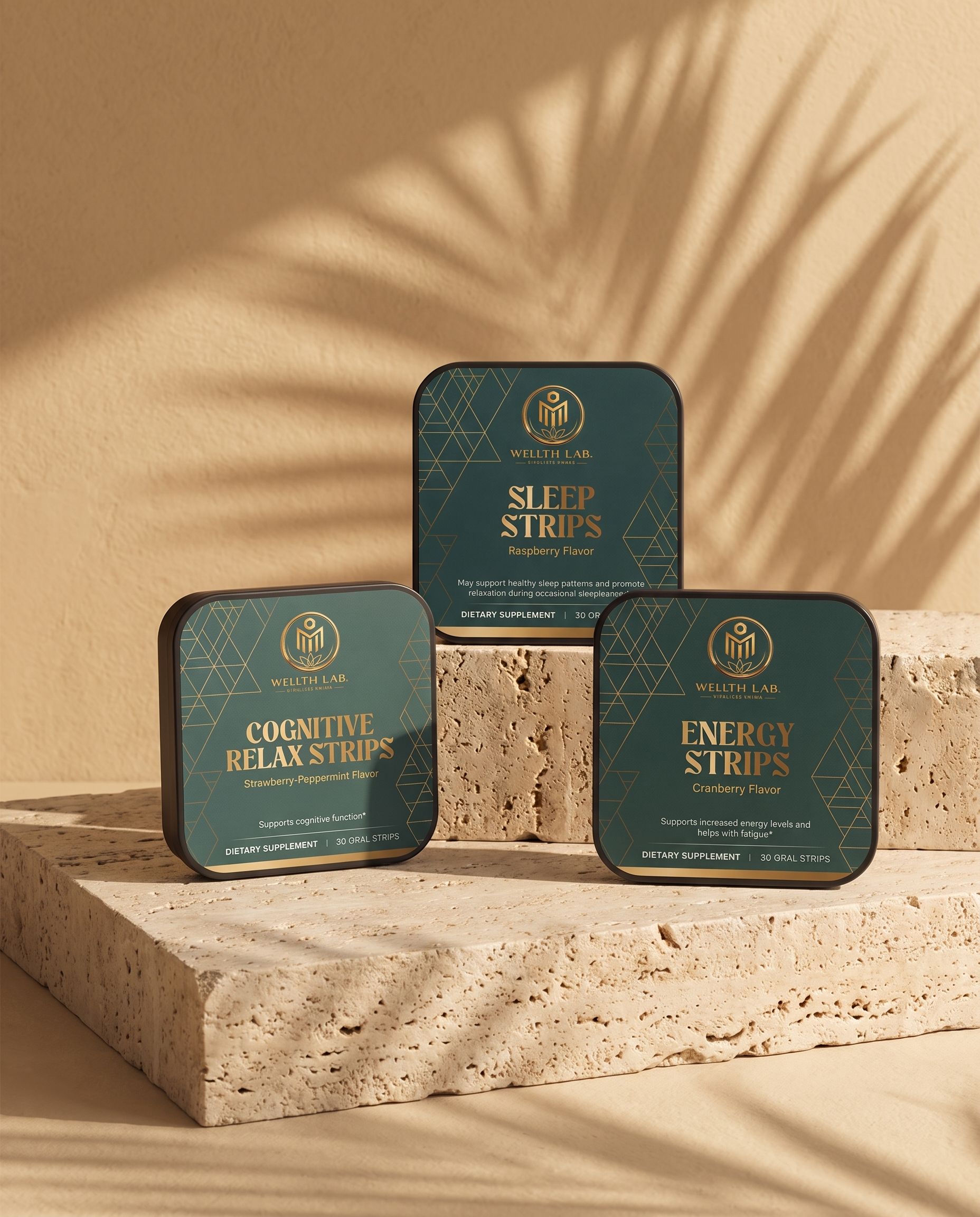 Strips Trio Bundle tins on travertine stone
