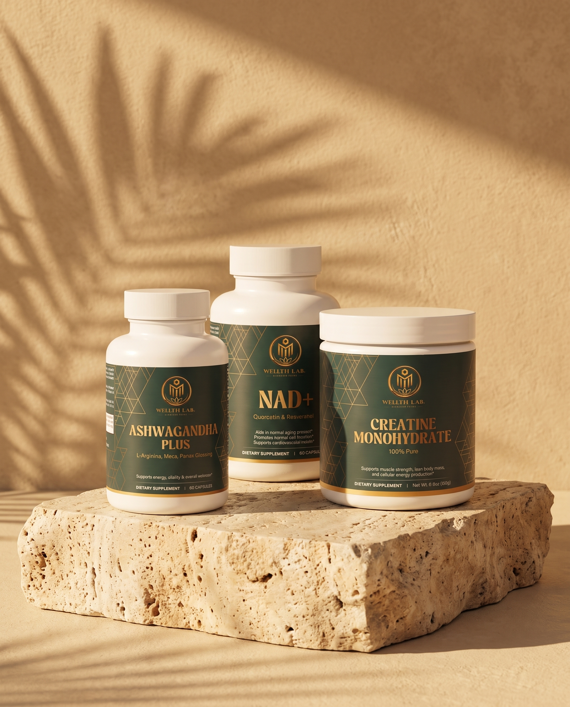 Foundation Stack bottles on travertine stone